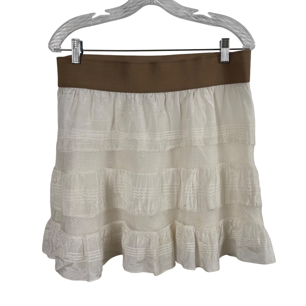 Free People Mini Skirt Womens L Cream Tiered Lace Ruffle Boho Fairycore Coquette